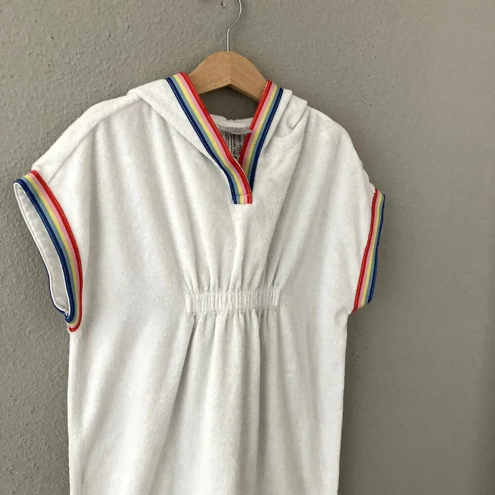 Hanna Andersson Loop Terry Hoodie Coverup White Rainbow 6/7 120cm